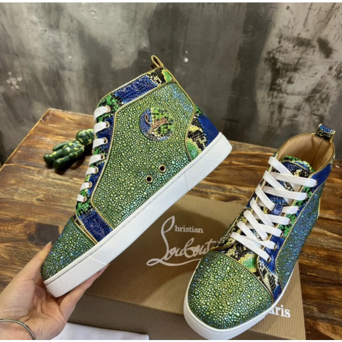 Christian Louboutin Green Crystal‑Embellished Snake‑Print High‑Top Sneakers