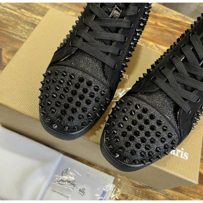 Christian Louboutin Black Glitter Spike‑Embellished High‑Top Sneakers