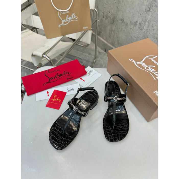 Christian Louboutin Croc‑embossed Black Leather Block Heel Thong Sandal