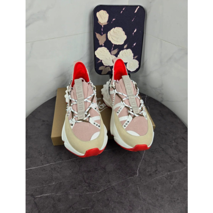 Christian Louboutin Pink‑Beige Spiked‑Sole Lace‑Up Chunky Sneakers Red Lining
