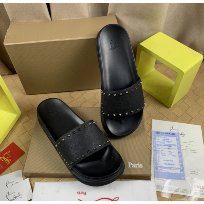 Christian Louboutin Black Grain‑Leather Spiked Flat Slide Sandals