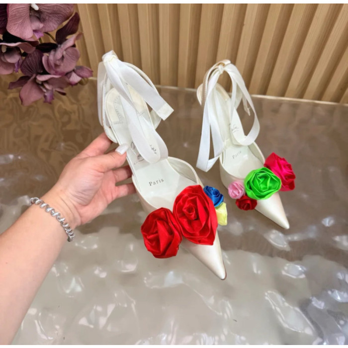 Christian Louboutin Ivory Satin Multicolor Rose Flower 100mm Stiletto Heel Slingback Pumps