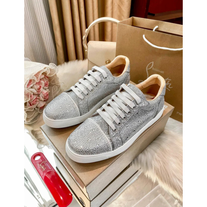 Christian Louboutin Silver Full‑Crystal Low‑Top Lace‑Up Casual Sneakers