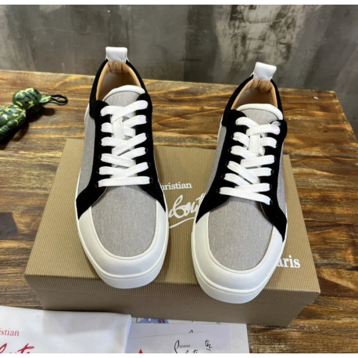 Christian Louboutin Gray Canvas Color‑Block Low‑Top Sneakers