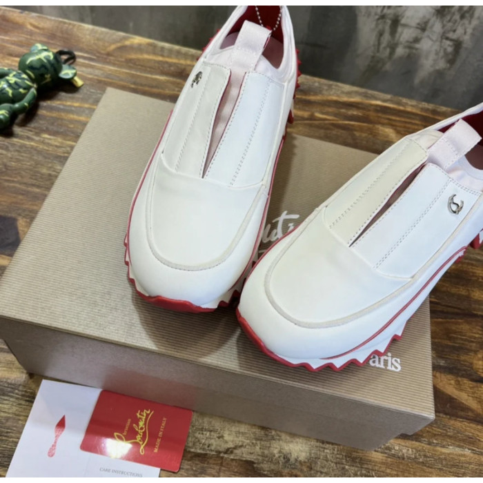 Christian Louboutin White Leather Red‑Trim Spiked Slip‑On Sneakers
