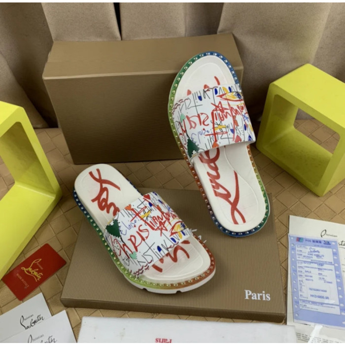 Christian Louboutin White Graffiti‑Print Slides Rainbow Crystal‑Trimmed Sole