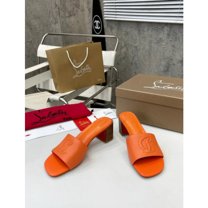 Christian Louboutin Orange Leather 55mm heel Block Heel Slide Sandal