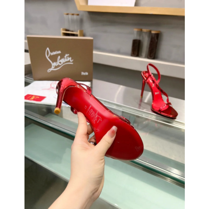 Christian Louboutin Red Patent Asymmetric Strap Slingback Sandal 100mm heel