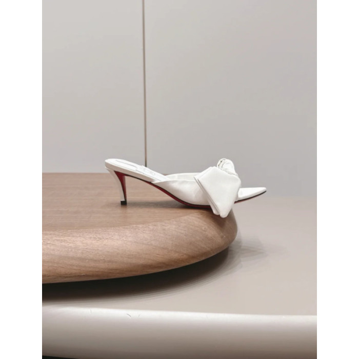 Christian Louboutin White Satin Large‑Bow Pointed‑Toe Mule Kitten Heel Sandals 55mm heel