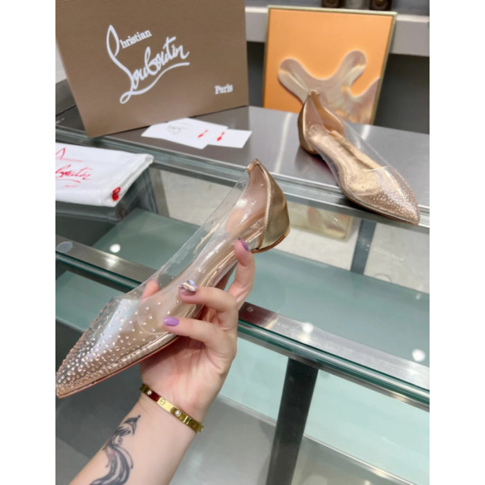 Christian Louboutin Clear PVC Gold Crystal Pointed‑Toe Flat Pumps
