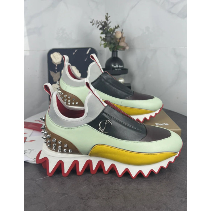 Christian Louboutin Multicolor Leather Slip‑On Spiked Sneakers Red Shark‑Tooth Sole