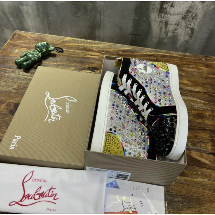 Christian Louboutin Multicolor Crystal Spike‑Decorated Glitter High‑Top Sneakers