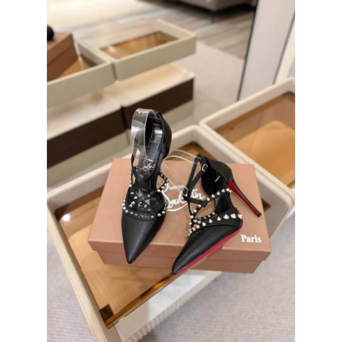Christian Louboutin Black Leather Spiked Crisscross Strap Pointed‑Toe High‑Heel Pumps