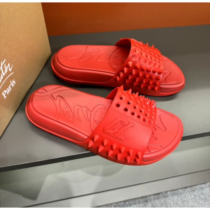 Christian Louboutin Red Rubber Spiked Flat Slide Sandals