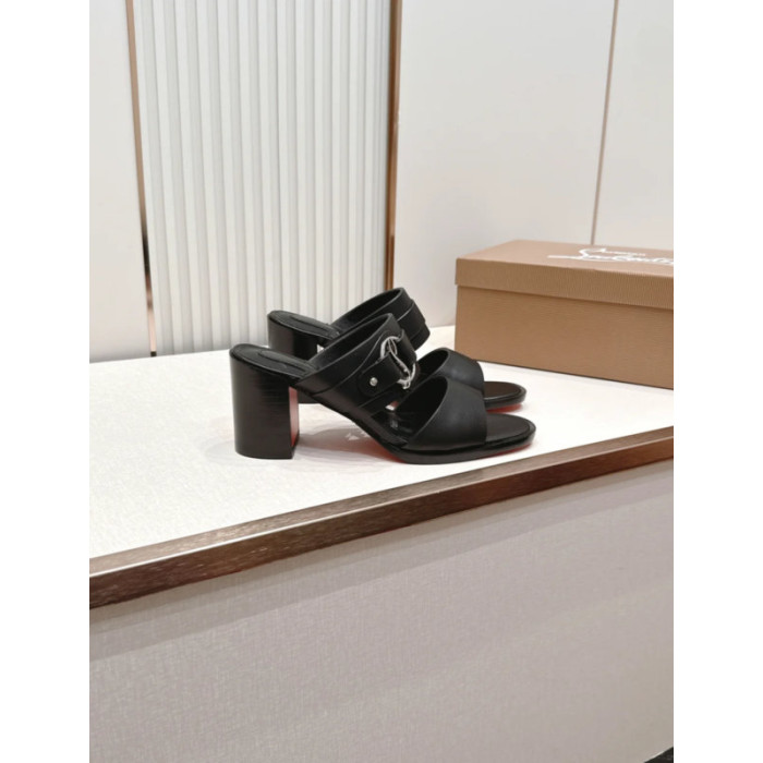 Christian Louboutin Black Leather Block‑Heel Buckle Mule Sandals