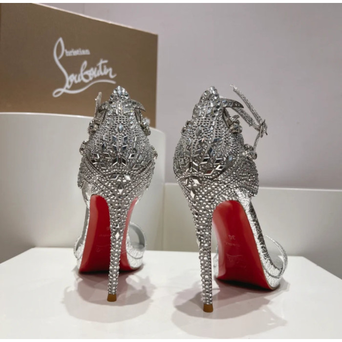 Christian Louboutin Silver Crackled Leather Crystal 120mm Platform Heel Sandals