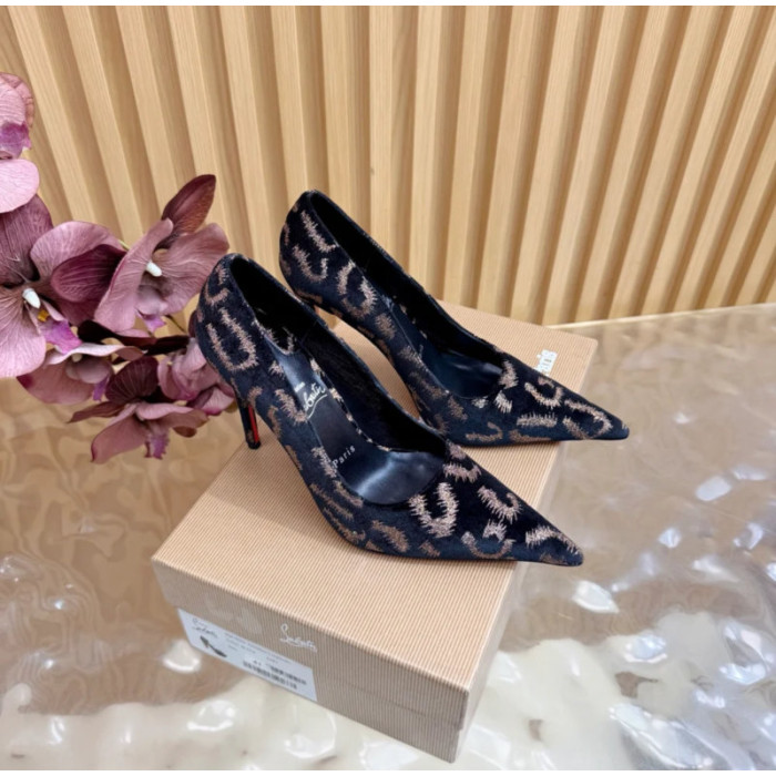 Christian Louboutin Black Velvet Gold‑Leopard Print Pointed‑Toe 120mm Stiletto High Heel Pumps