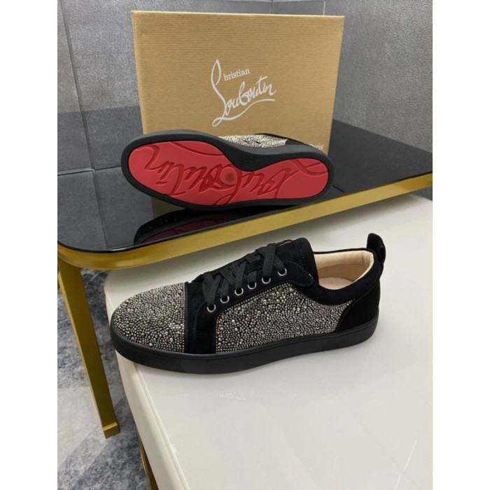 Christian Louboutin Black Suede Gunmetal Crystal‑Encrusted Low‑Top Sneakers