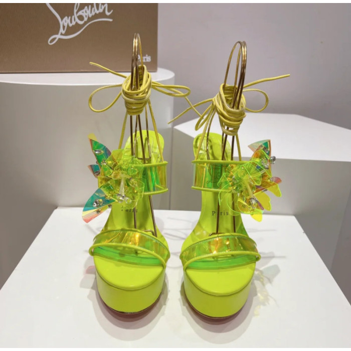 Christian Louboutin Neon Yellow Patent Iridescent Crystal‑Flower 150mm Platform Ankle‑Tie Sandals