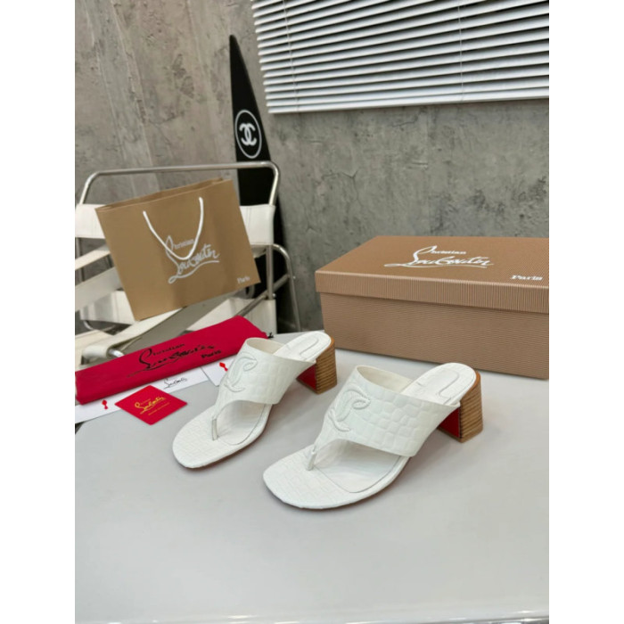Christian Louboutin White Croc‑Embossed 70mm Block Heel Thong Mule Sandals
