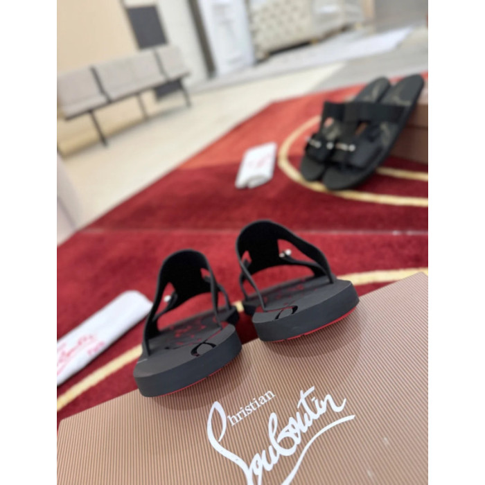 Christian Louboutin Black Leather Two‑Strap Slide Sandals