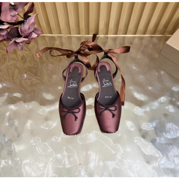 Christian Louboutin Brown Satin Bow Ankle‑Tie Slingback Ballet Flats