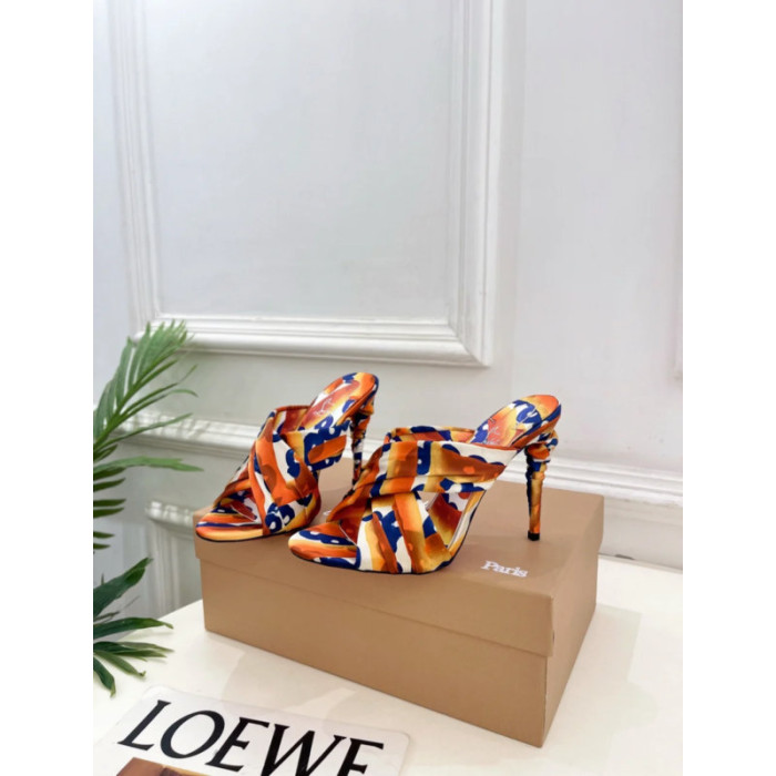 Christian Louboutin Abstract Print Satin 100mm Spiral Heel Mule Sandals