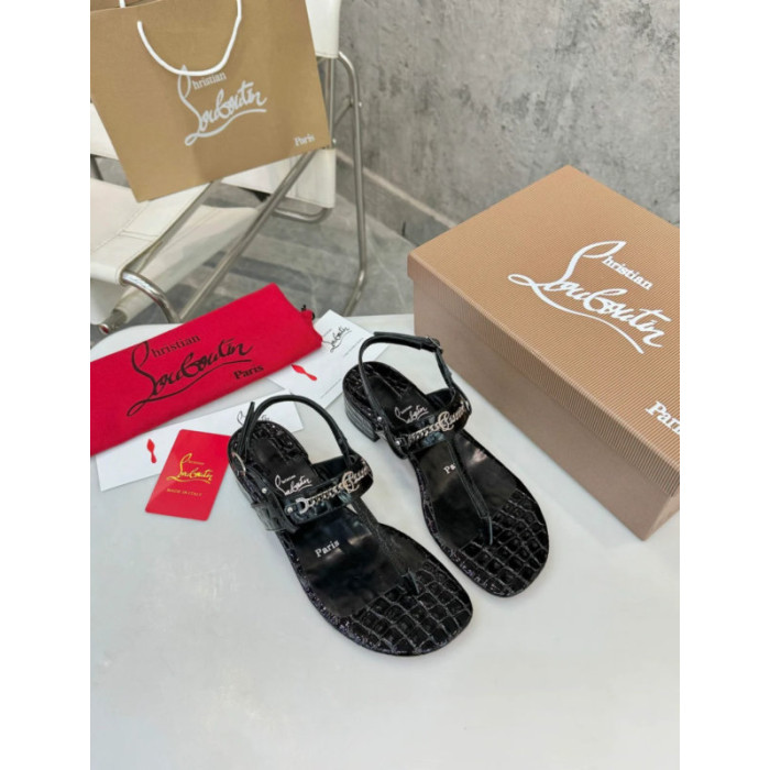Christian Louboutin Croc‑embossed Black Leather Block Heel Thong Sandal