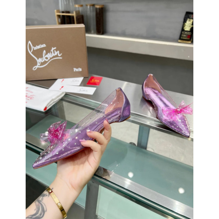 Christian Louboutin Purple Transparent PVC Pink Bow Crystal Pointed‑Toe Flat Pumps