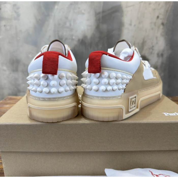 Christian Louboutin Tan‑White Leather Mesh Spiked Platform Low‑Top Sneakers