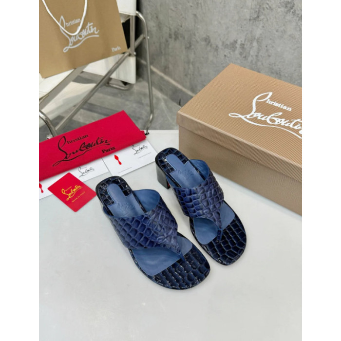 Christian Louboutin Navy Croc‑embossed Leather 55mm Block Heel Mule Sandal