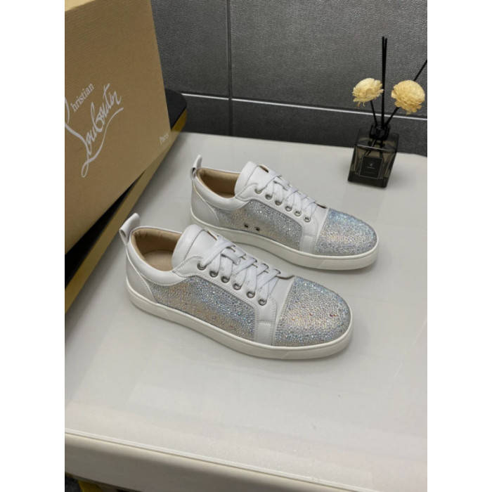 Christian Louboutin White Leather AB Crystal‑Encrusted Low‑Top Sneakers