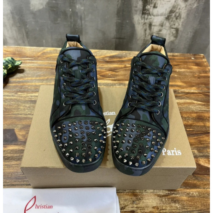 Christian Louboutin Green Camouflage Gunmetal‑Spiked Low‑Top Sneakers