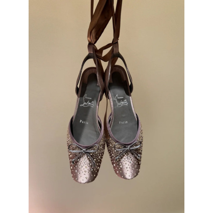 Christian Louboutin Bronze Satin Crystal Tie‑Ankle Ballet Flats