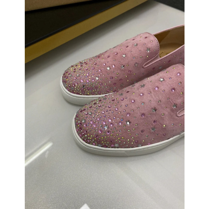 Christian Louboutin Pink Suede Crystal‑Embellished Slip‑On Sneakers