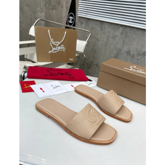Christian Louboutin Stitched Logo Beige Leather Flat Open‑toe Slide