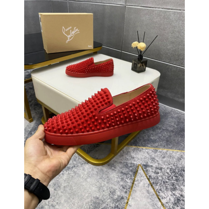Christian Louboutin Red Suede All‑Over Spiked Slip‑On Loafers