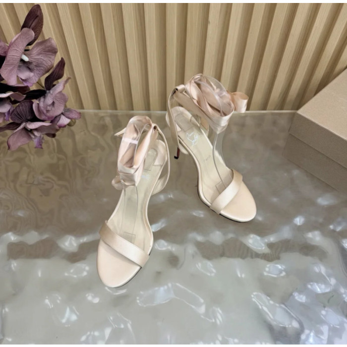 Christian Louboutin Champagne Satin 100mm Ankle‑Wrap Tie Stiletto Sandals