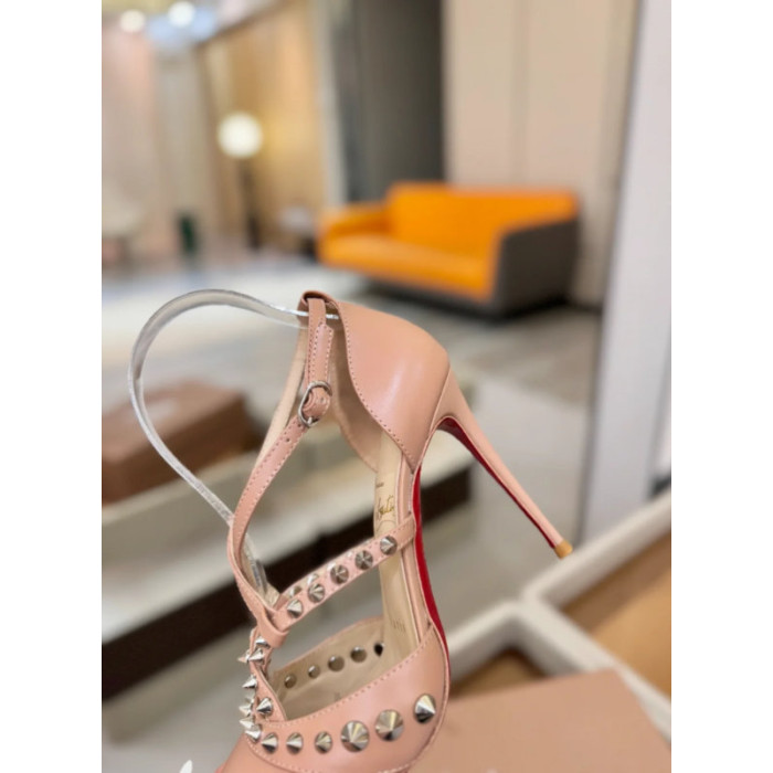 Christian Louboutin Nude Leather Spiked Crisscross Strap Pointed‑Toe High‑Heel Pumps