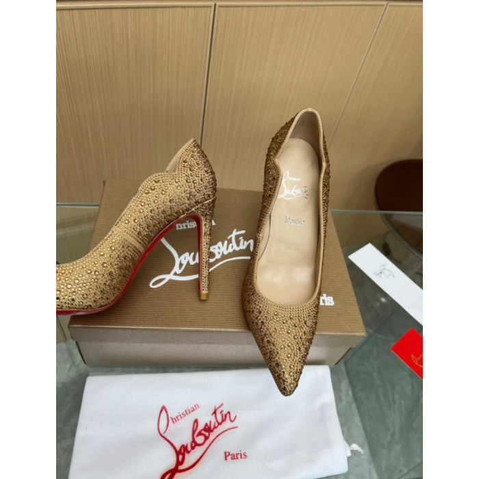 Christian Louboutin Gold Crystal‑Encrusted Scalloped 100mm heel Pump