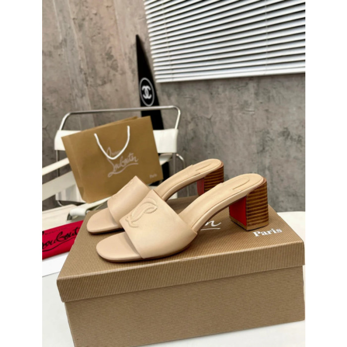 Christian Louboutin Beige Leather 55mm heel Block Heel Slide Sandal
