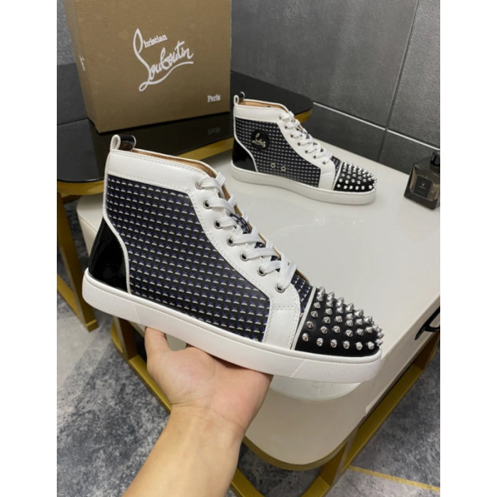 Christian Louboutin White Leather Geometric‑Print Silver‑Spiked High‑Top Sneakers