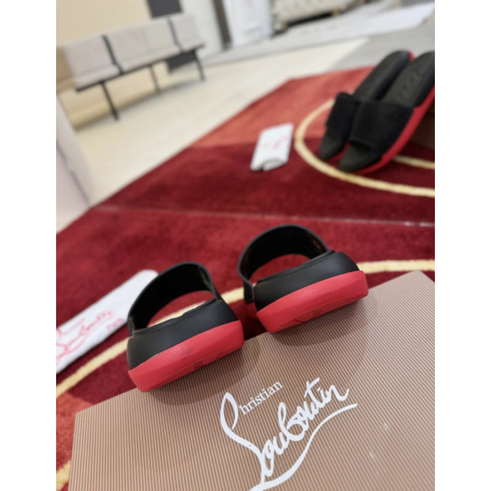 Christian Louboutin Black Mesh Logo Slide Sandals Red Rubber Outsole