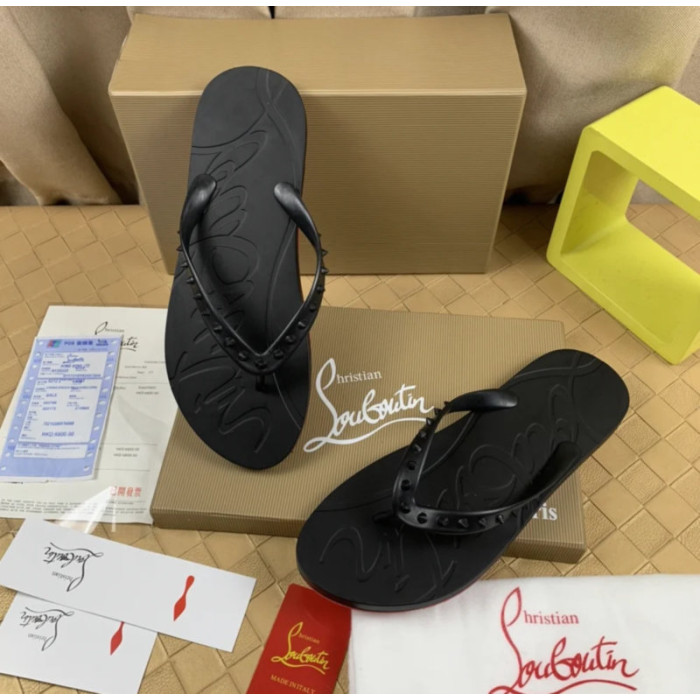 Christian Louboutin Black Embossed‑Logo Studded Flip‑Flop Sandals