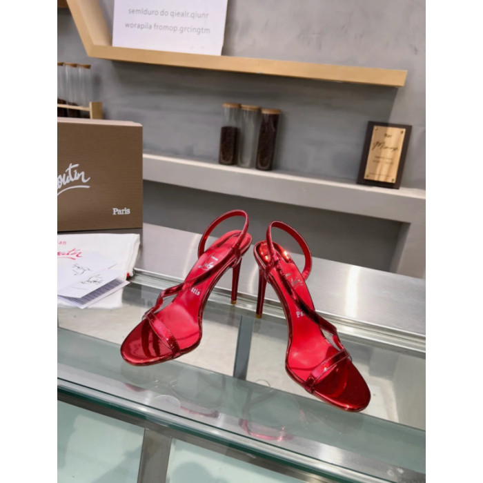 Christian Louboutin Red Patent Asymmetric Strap Slingback Sandal 100mm heel
