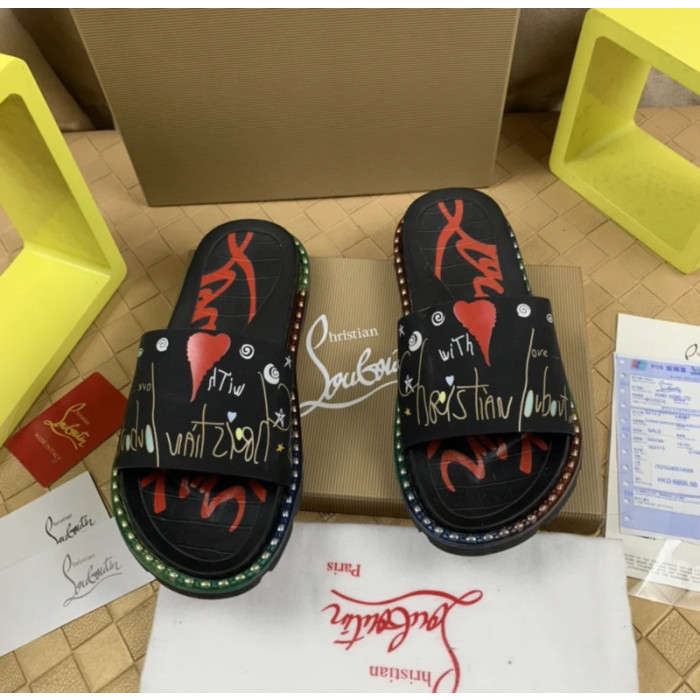 Christian Louboutin Black Heart‑Graffiti Print Slide Sandals Rainbow Crystal‑Trim Sole