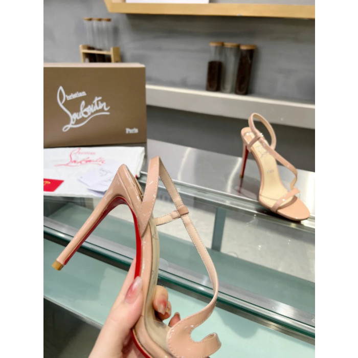 Christian Louboutin Nude Patent Asymmetric Curved Strap Slingback Sandal 100mm heel
