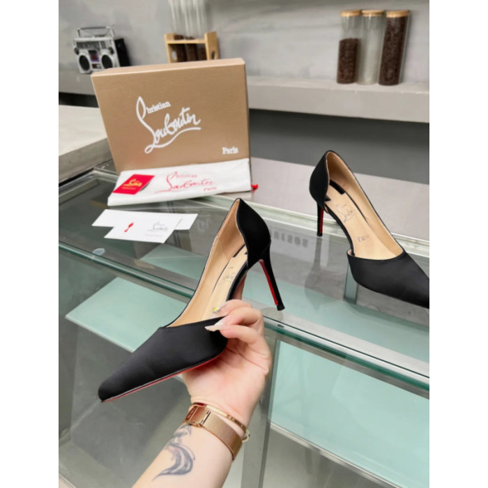 Christian Louboutin Black Satin Half‑d'Orsay Pointed‑Toe 100mm heel Pumps