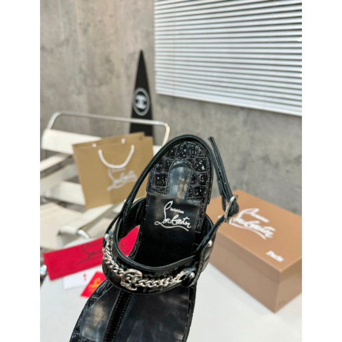 Christian Louboutin Croc‑embossed Black Leather Block Heel Thong Sandal