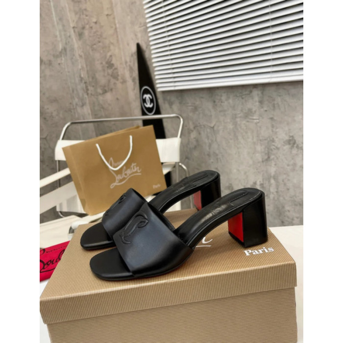Christian Louboutin Black Leather 55mm heel Block Heel Slide Sandal